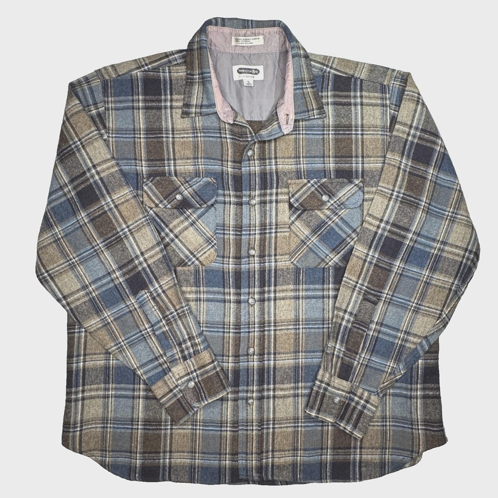 Vtg Shelter Bay Arrow Jacket Mens XL Brown Blue Plaid Flannel Wool Blend Shacket